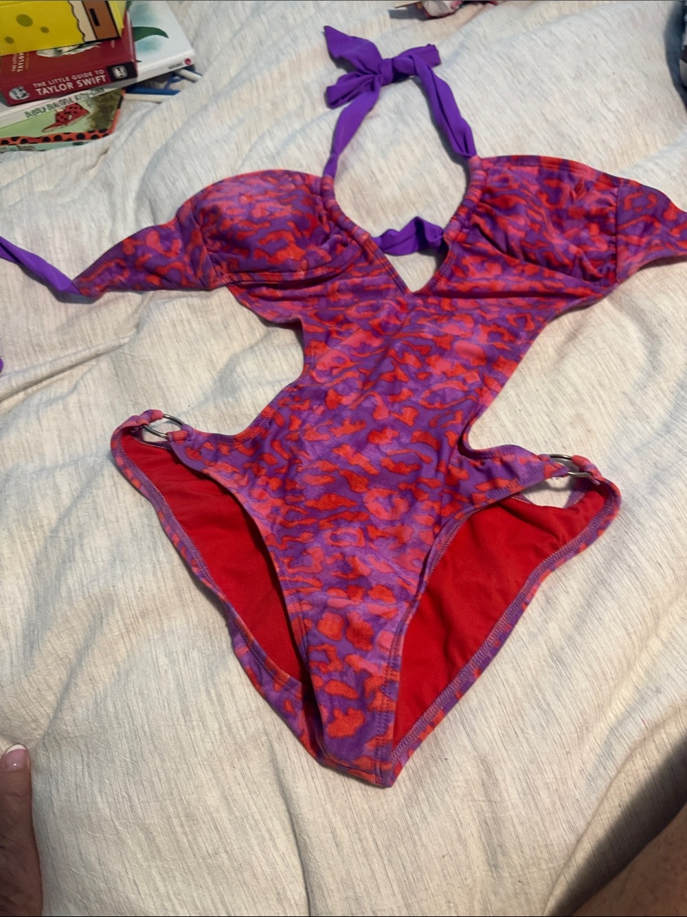 Women’s Purple & Red One-Piece Swimsuit - Stylish Cutout Design
